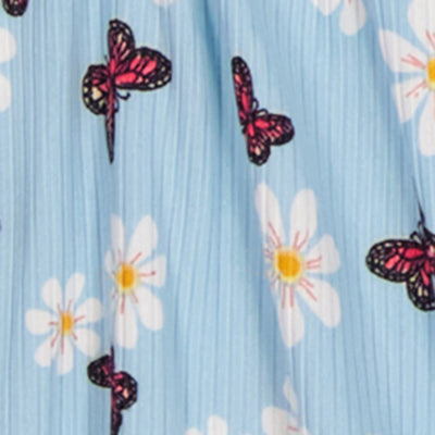 Little Girls Ribbed Butterfly Print and Short Sleeve Top