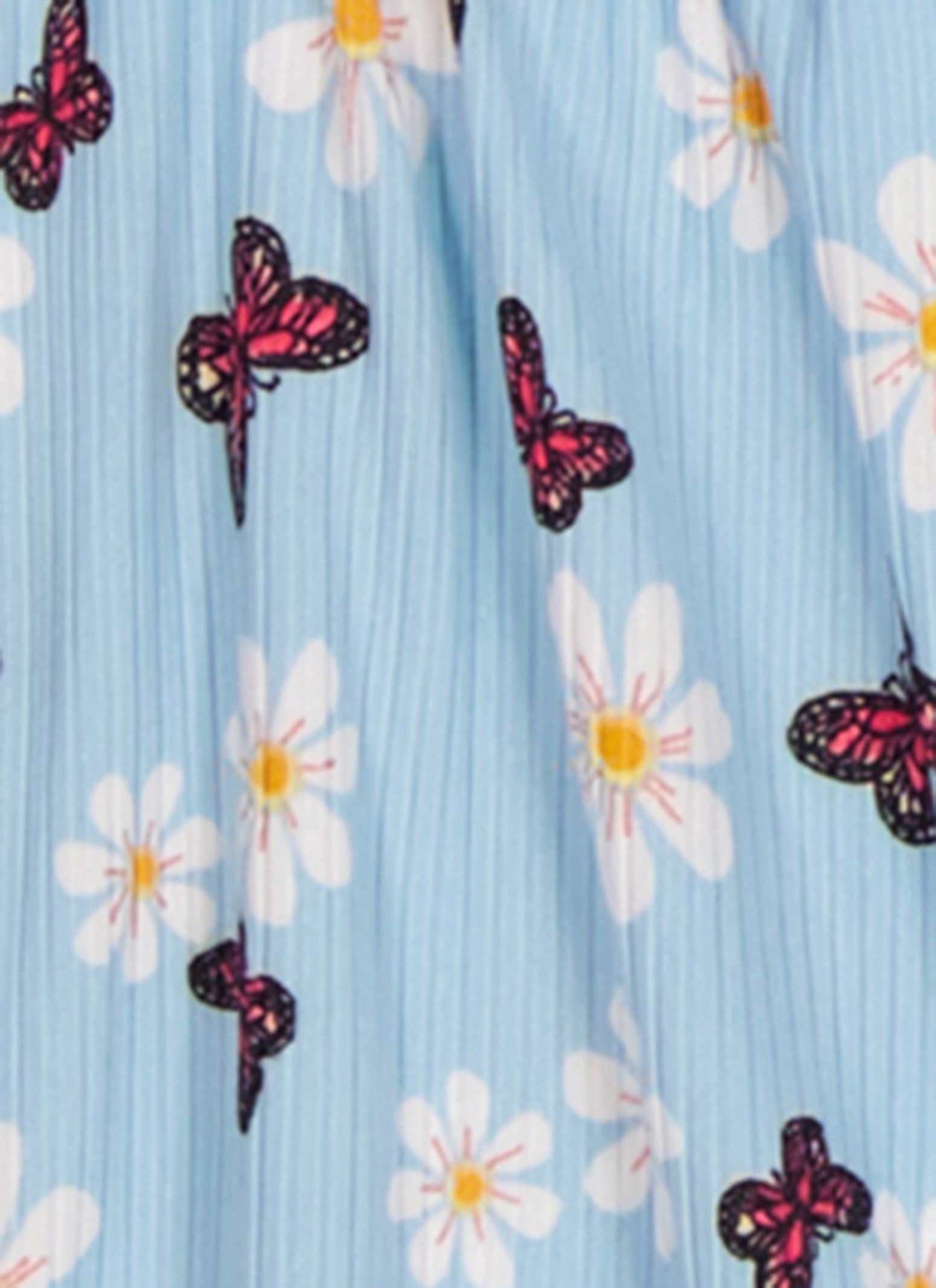Little Girls Ribbed Butterfly Print and Short Sleeve Top