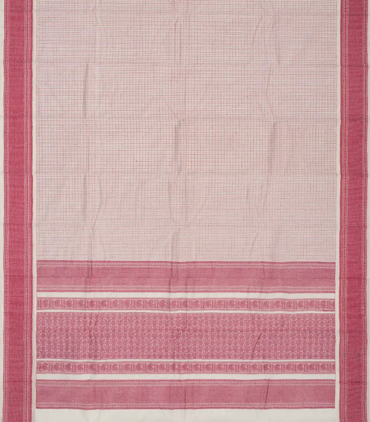Off White Handloom Kanchi Cotton Saree With Checks & Dots