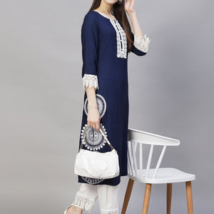 Ethnic Embroidered Straight Fit Kurta & Pants - Navy Blue