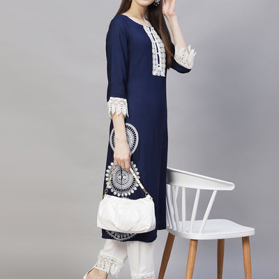 Ethnic Embroidered Straight Fit Kurta & Pants - Navy Blue