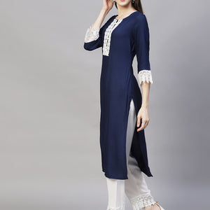 Ethnic Embroidered Straight Fit Kurta & Pants - Navy Blue
