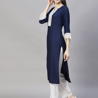 Ethnic Embroidered Straight Fit Kurta & Pants - Navy Blue