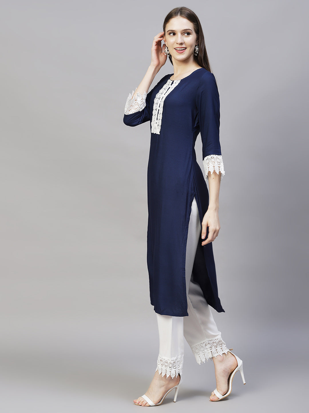 Ethnic Embroidered Straight Fit Kurta & Pants - Navy Blue