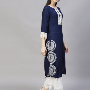 Ethnic Embroidered Straight Fit Kurta & Pants - Navy Blue