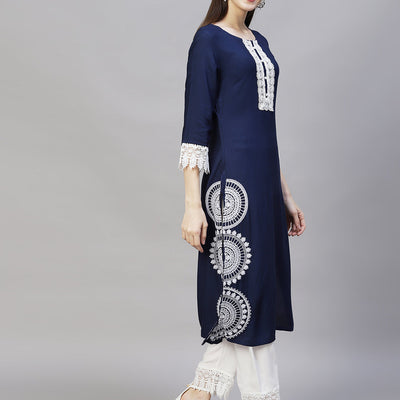 Ethnic Embroidered Straight Fit Kurta & Pants - Navy Blue