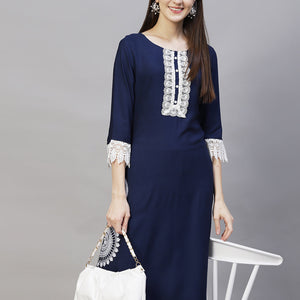 Ethnic Embroidered Straight Fit Kurta & Pants - Navy Blue