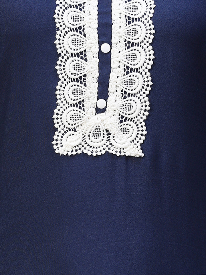 Ethnic Embroidered Straight Fit Kurta & Pants - Navy Blue