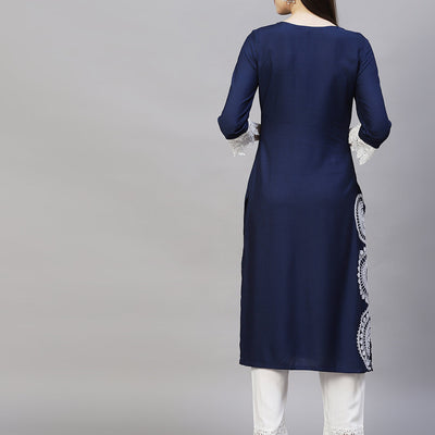 Ethnic Embroidered Straight Fit Kurta & Pants - Navy Blue