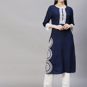 Ethnic Embroidered Straight Fit Kurta & Pants - Navy Blue