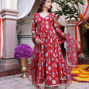 Red Dahlia Dreamscape Printed Chinon Suit Set