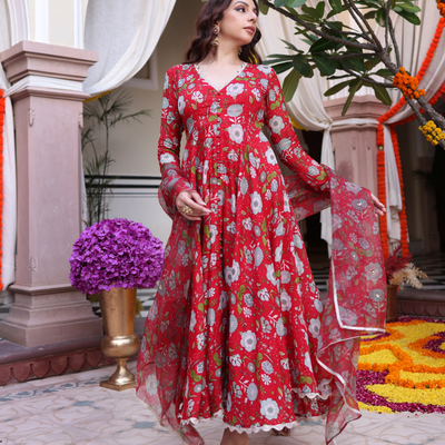 Red Dahlia Dreamscape Printed Chinon Suit Set