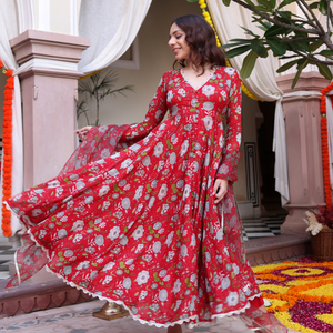 Red Dahlia Dreamscape Printed Chinon Suit Set