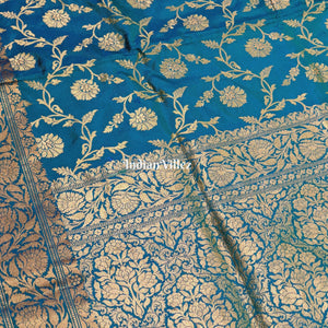 Sky Blue Floral Banarasi Katan Silk Saree