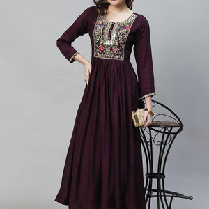 Floral Hand Embroidered Flared Maxi Dress - Deep Wine