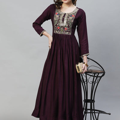 Floral Hand Embroidered Flared Maxi Dress - Deep Wine