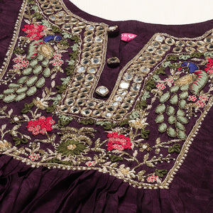 Floral Hand Embroidered Flared Maxi Dress - Deep Wine