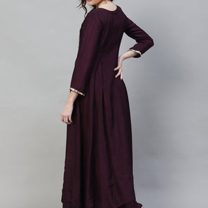 Floral Hand Embroidered Flared Maxi Dress - Deep Wine