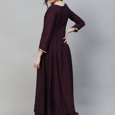 Floral Hand Embroidered Flared Maxi Dress - Deep Wine