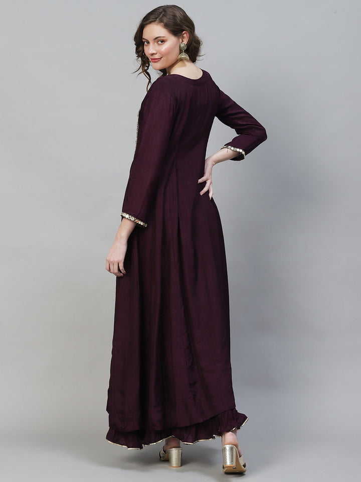 Floral Hand Embroidered Flared Maxi Dress - Deep Wine