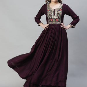 Floral Hand Embroidered Flared Maxi Dress - Deep Wine