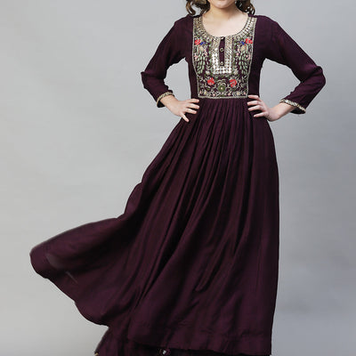 Floral Hand Embroidered Flared Maxi Dress - Deep Wine