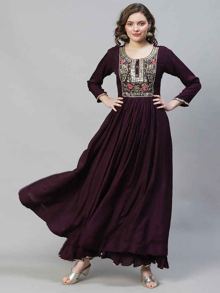 Floral Hand Embroidered Flared Maxi Dress - Deep Wine