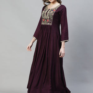 Floral Hand Embroidered Flared Maxi Dress - Deep Wine