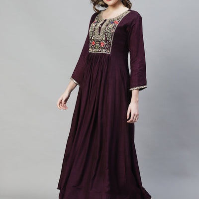 Floral Hand Embroidered Flared Maxi Dress - Deep Wine