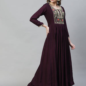Floral Hand Embroidered Flared Maxi Dress - Deep Wine