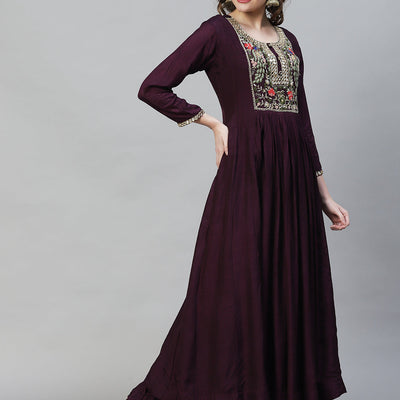 Floral Hand Embroidered Flared Maxi Dress - Deep Wine