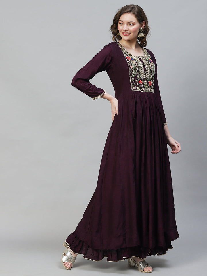 Floral Hand Embroidered Flared Maxi Dress - Deep Wine