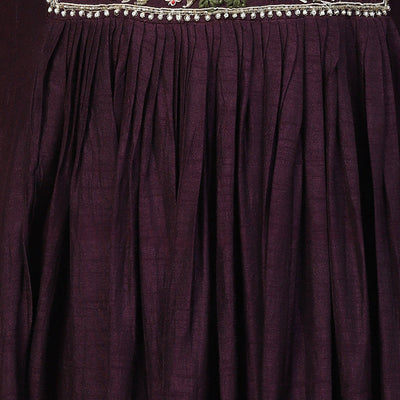 Floral Hand Embroidered Flared Maxi Dress - Deep Wine