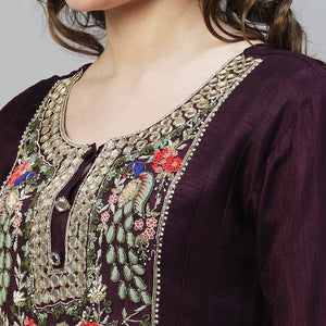 Floral Hand Embroidered Flared Maxi Dress - Deep Wine