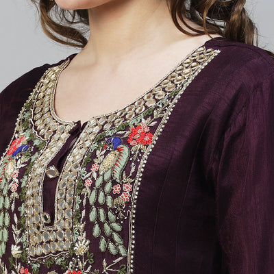 Floral Hand Embroidered Flared Maxi Dress - Deep Wine
