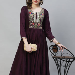 Floral Hand Embroidered Flared Maxi Dress - Deep Wine
