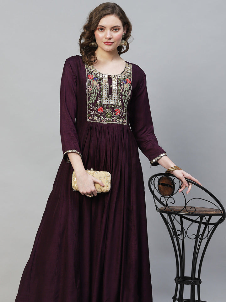 Floral Hand Embroidered Flared Maxi Dress - Deep Wine