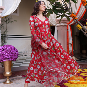 Red Dahlia Dreamscape Printed Chinon Suit Set