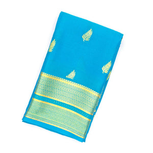 Turquoise Mysore Crepe Silk Saree With Floral Buttas & Zari Border