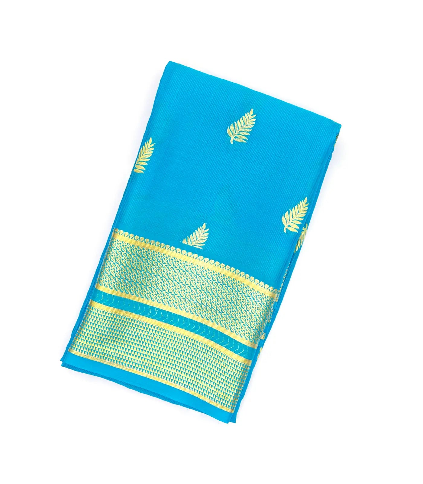 Turquoise Mysore Crepe Silk Saree With Floral Buttas & Zari Border
