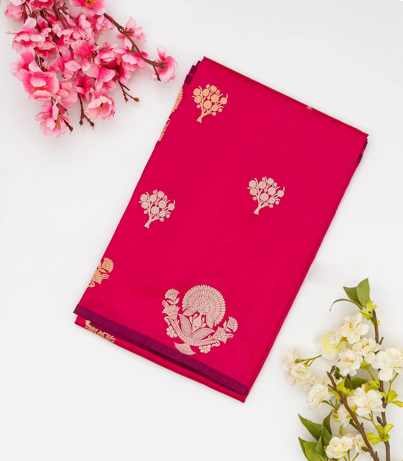 Pink Handloom Banarasi Silk Saree With Floral Buttas