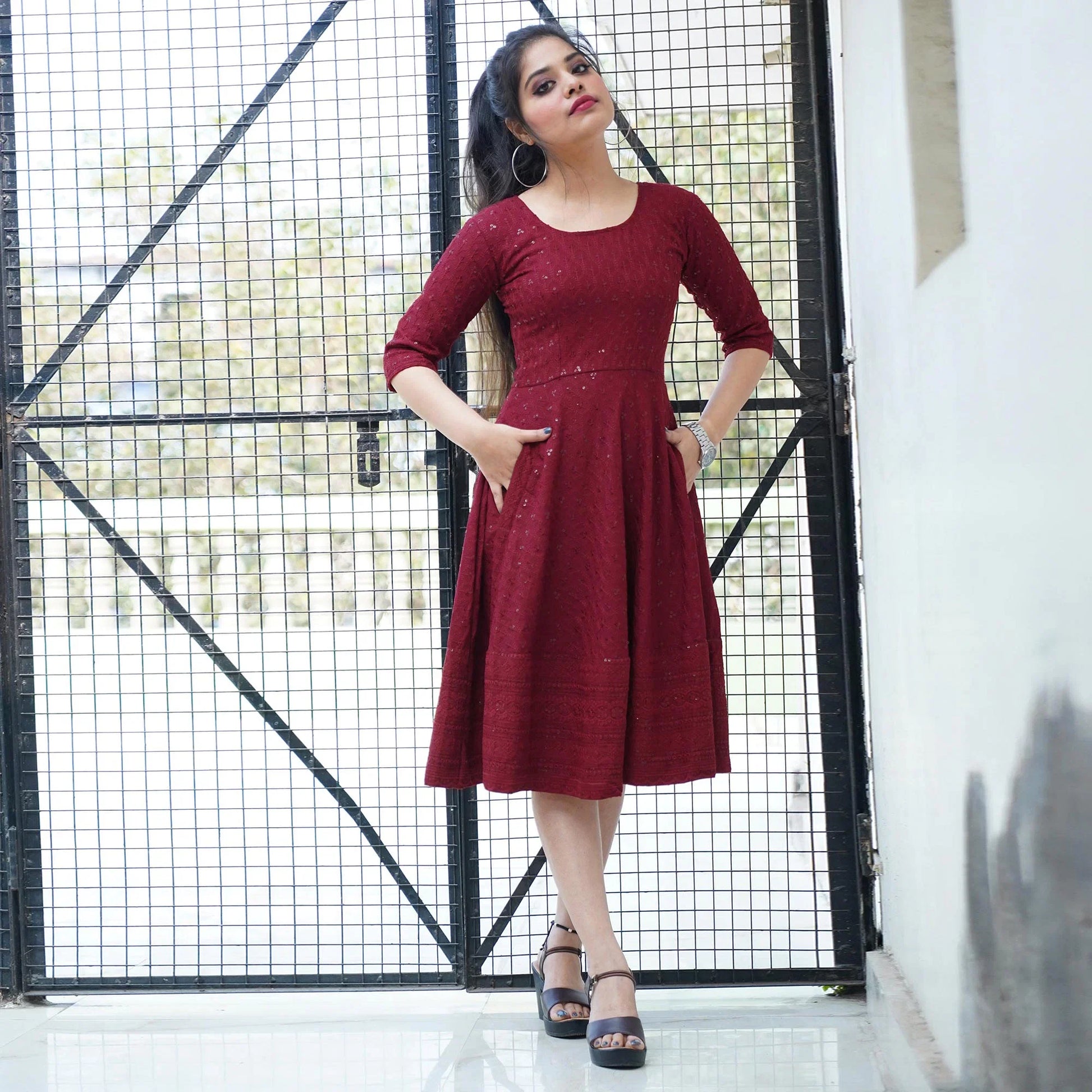Maroon Partywear Lucknowi Chikankari Rayon Dress