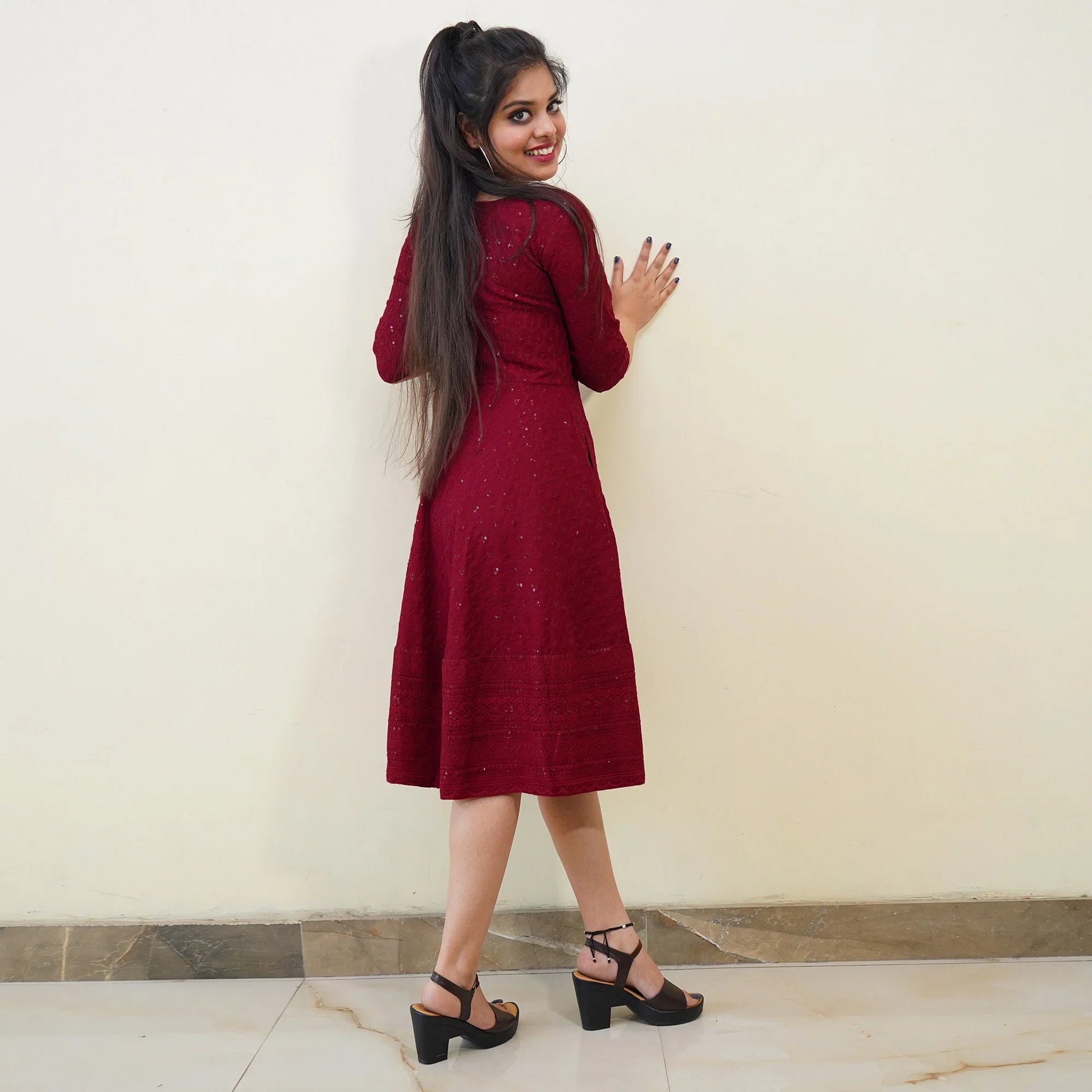 Maroon Partywear Lucknowi Chikankari Rayon Dress