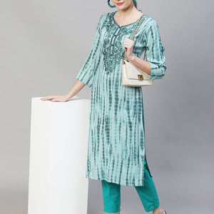 Tie-Dye Printed & Floral Embroidered Straight Fit Kurta - Light Sea Green