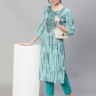 Tie-Dye Printed & Floral Embroidered Straight Fit Kurta - Light Sea Green