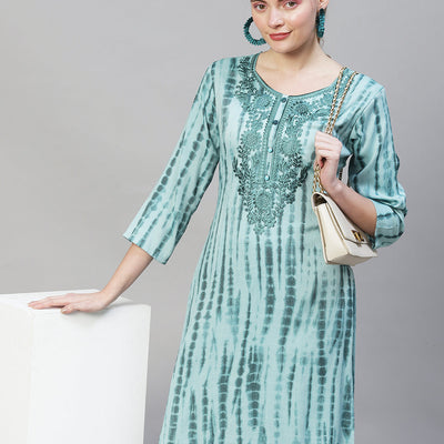 Tie-Dye Printed & Floral Embroidered Straight Fit Kurta - Light Sea Green