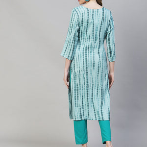 Tie-Dye Printed & Floral Embroidered Straight Fit Kurta - Light Sea Green