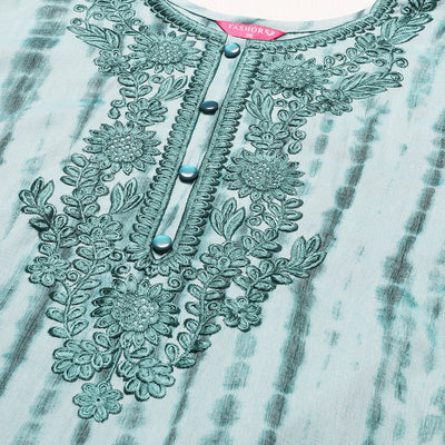 Tie-Dye Printed & Floral Embroidered Straight Fit Kurta - Light Sea Green