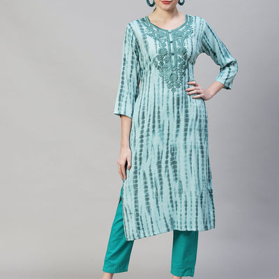 Tie-Dye Printed & Floral Embroidered Straight Fit Kurta - Light Sea Green