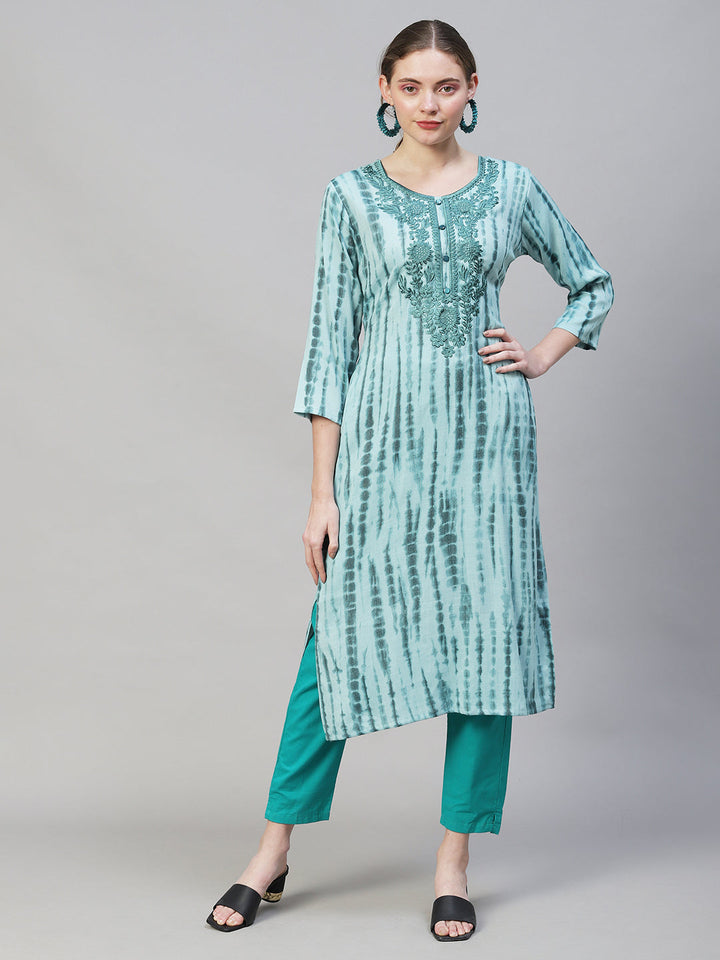 Tie-Dye Printed & Floral Embroidered Straight Fit Kurta - Light Sea Green